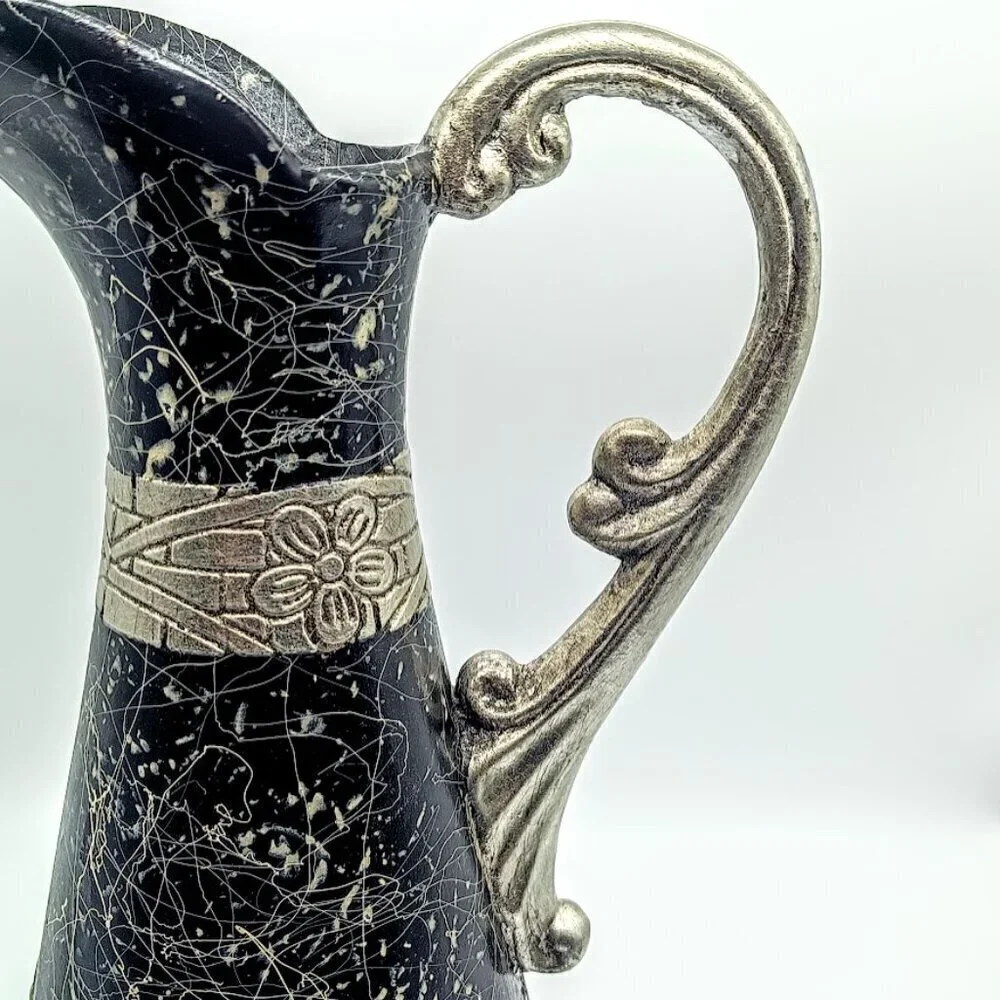 Vintage Black Ceramic Silver Metallic Tall Pitcher Vase - Picture 7 of 10